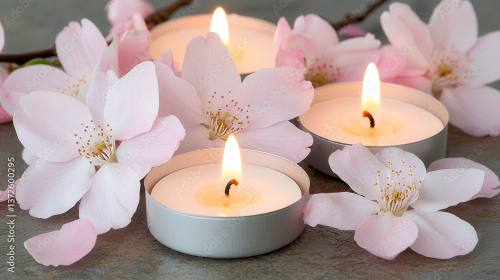 Serene Spa Setting Lit Candles and Delicate Pink Cherry Blossoms Serene Spa Setting Lit Candles and Delicate Pink Cherry Blossoms