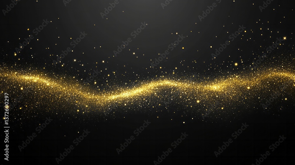 Obraz premium Wavy golden glitter particles float against a gradient black background