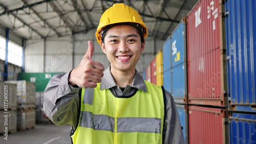 Asian logistics center employee in yellow hard hat and vest showing thumb up. Organized warehouse environment reflects efficient inventory management and ensuring smooth supply chain.