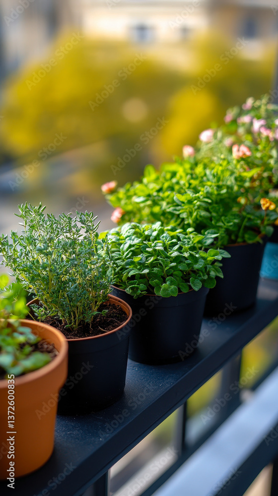 Thriving Balcony Herb Garden: Fresh Potted Herbs in Urban Lifestyle Setting