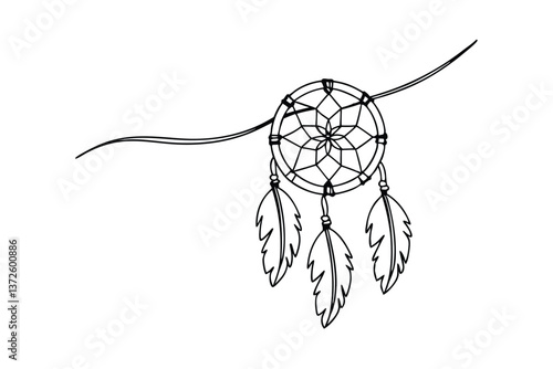 Native American Dreamcatcher, Hanging Ornament, Spiritual Symbol, Boho Chic, Line Art, Simple Design