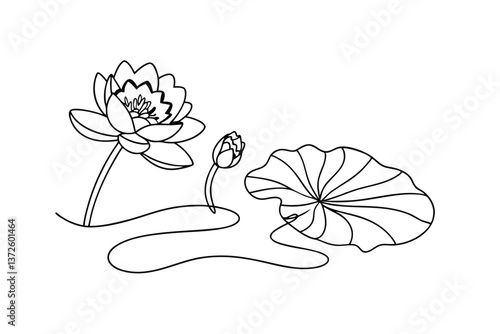 Elegant Line Art Drawing of Lotus Flower, Bud, and Leaf