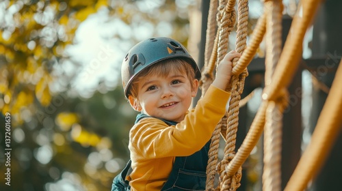 Happy Child Climbing Rope Course in Autumn Park
