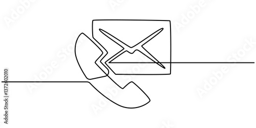 Customer service and Contact information phone or email thin line Icon - editable stroke, continuous one line drawing, phone receiver mail envelope continuous one line drawing style, Customer service.