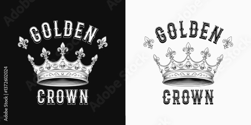 Black and white label with crown, fleur de lis sign, text. Detailed composition in vintage style.
