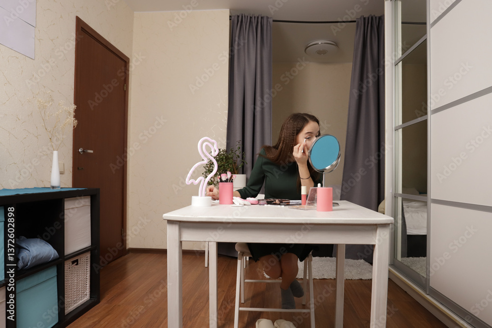 Beauty Routine and Makeup Practice by Teen at Desk with Brushes, Palettes, and Stylish Decor Beauty Routine and Makeup Practice by Teen at Desk with Brushes, Palettes, and Stylish Decor