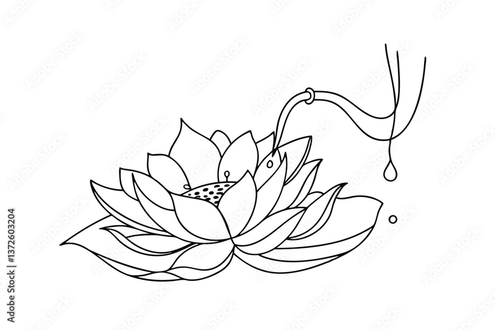Elegant Lotus Flower Line Art Drawing, Water Droplet, Stem Elegant Lotus Flower Line Art Drawing, Water Droplet, Stem