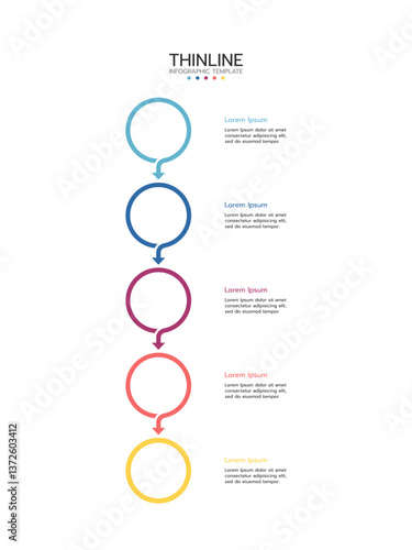 A thin vector infographic line is placed in a vertical row. Concept of 5 successive steps of the project development process. Business concept with 5 options or steps.
