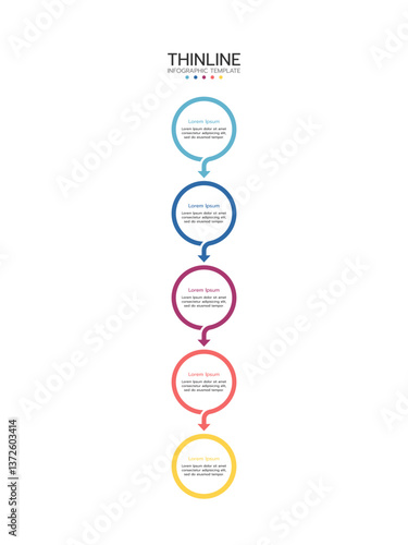 A thin vector infographic line is placed in a vertical row. Concept of 5 successive steps of the project development process. Business concept with 5 options or steps.