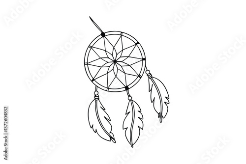 Native American Dreamcatcher Outline, Feathers, Spiritual Symbol, Art