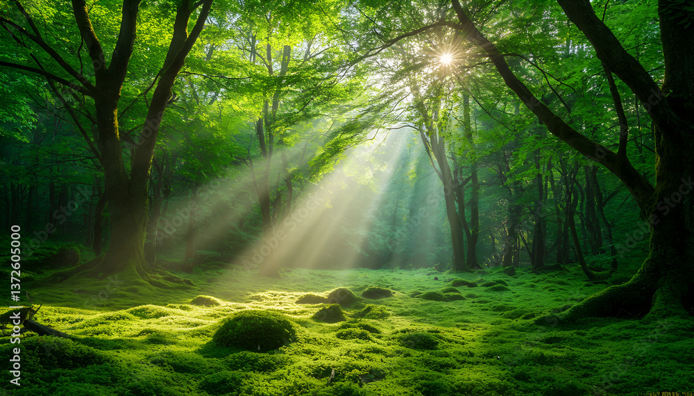 Obraz premium Lush Green Forest with Sun Rays Landscape