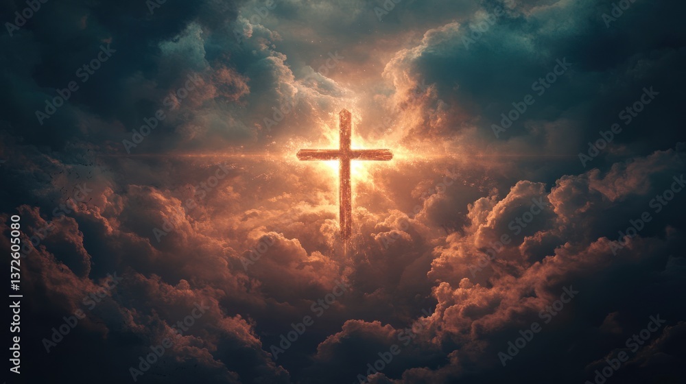 Fototapeta premium A glowing cross appears in the sky surrounded by clouds