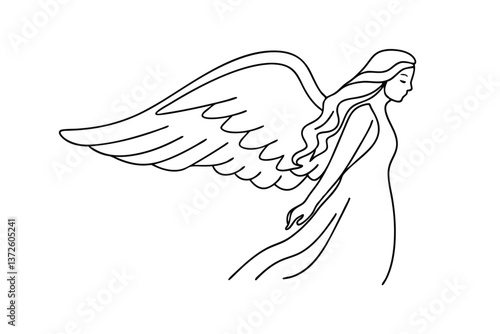 Serene Angel with Wings, Line Art, Divine, Celestial, Spiritual, Graceful, Heavenly, Purity, Faith, 