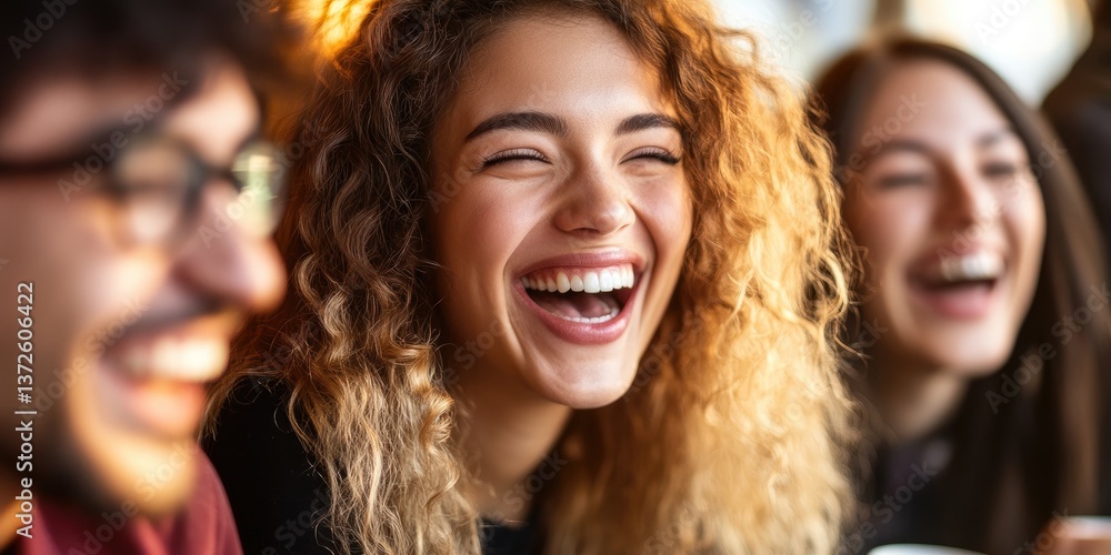 Fototapeta premium Group of friends laughing together at a cafT, close-up on smiling faces and coffee cups, bright lighting emphasizes the joy of social connections