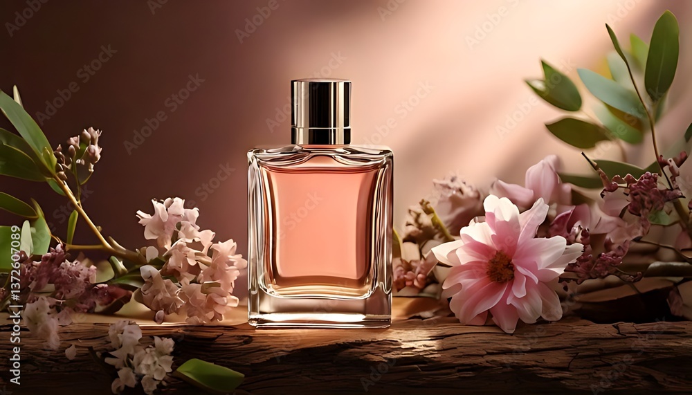 Captivating Fragrance: An elegant perfume bottle sits amidst delicate blossoms on a rustic surface, creating an alluring scene of beauty and sophistication. Captivating Fragrance: An elegant perfume bottle sits amidst delicate blossoms on a rustic surface, creating an alluring scene of beauty and sophistication.