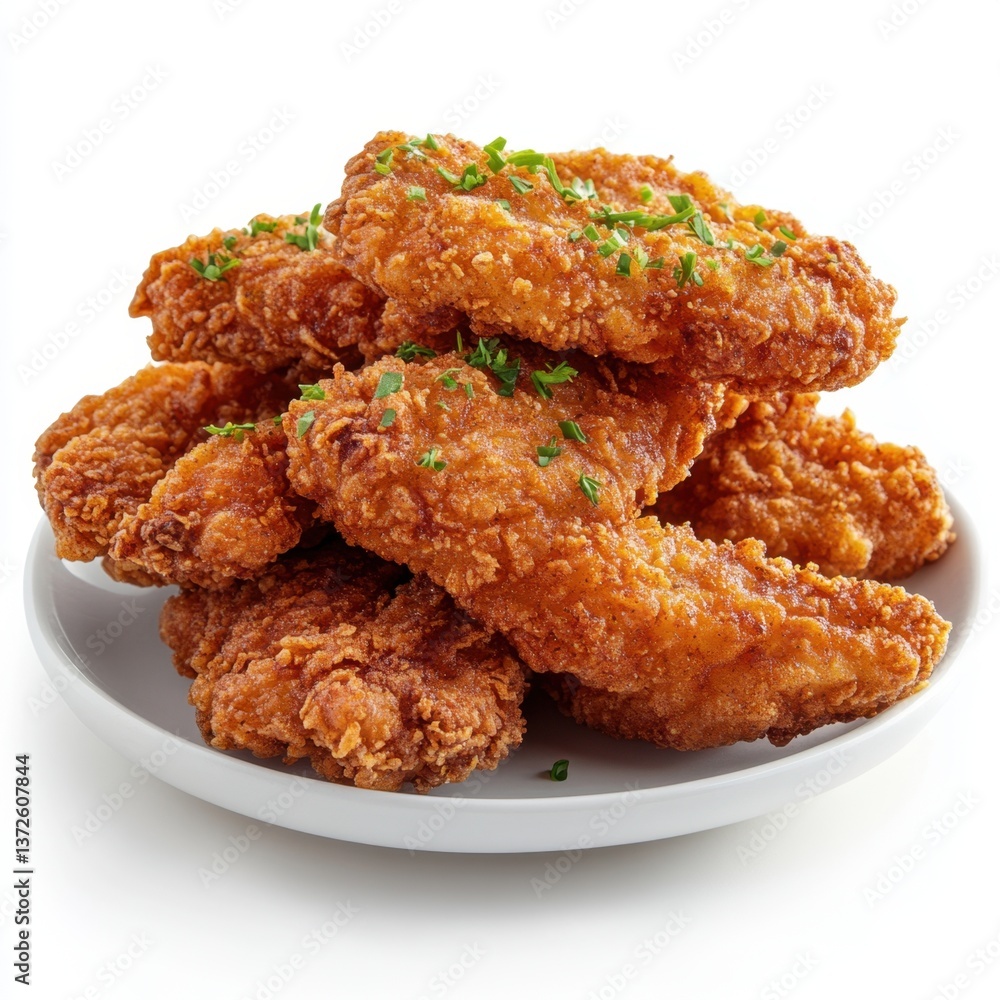 Crispy golden brown fried chicken tenders piled high on a white plate against a clean white background studio shot food photography Crispy golden brown fried chicken tenders piled high on a white plate against a clean white background studio shot food photography