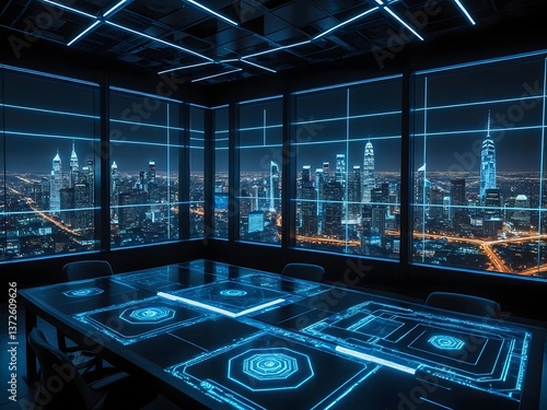 modern interior of modern office. A cutting-edge AI and cybersecurity concept featuring an AI brain