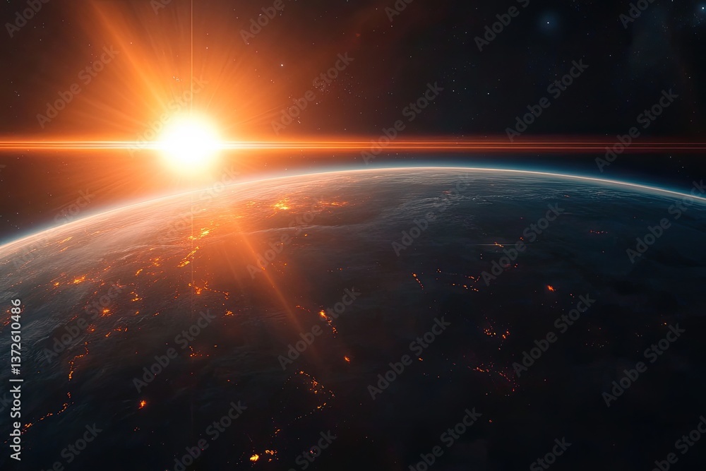 Obraz premium Planet with a sun in the sky and a bright orange glow. The sun is in the center of the image and the planet is in the background