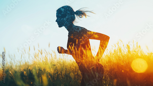 Dual‑exposure of runner blending into wheatgrass field and fruit imagery for holistic wellness

