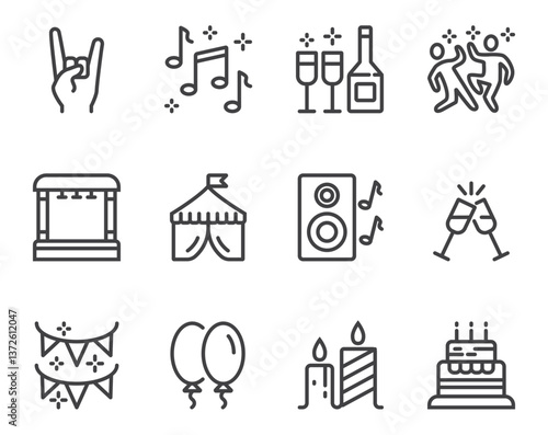 Festival selebration concert party disco dance flat black thin line stroke isolaed icon set collection