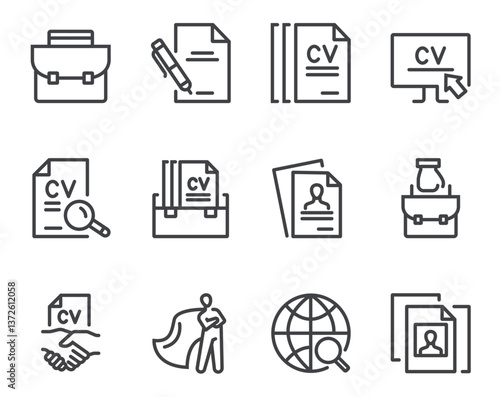 Job searching recruitment CV resume employment HR human resources flat black thin line stroke isolaed icon set collection