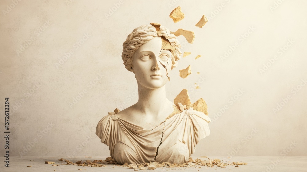 Naklejka premium Fragmented Marble Sculpture of a Classical Female Bust with Chipped Surface and Broken Pieces on a Light Background