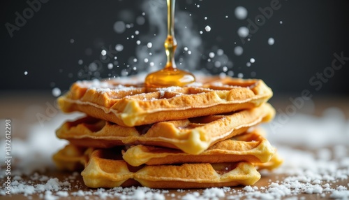 Delicious Stack of Waffles Drizzled with Honey and Sugar