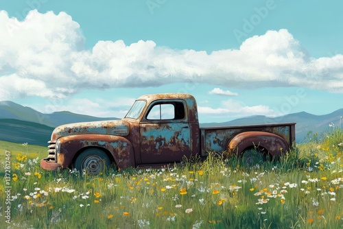 An old truck is parked in a field of flowers. The truck is rusted and has a faded blue color. The field is lush and green, with a few yellow flowers scattered throughout