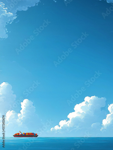Tranquil Maritime Illustration with Cargo Vessel