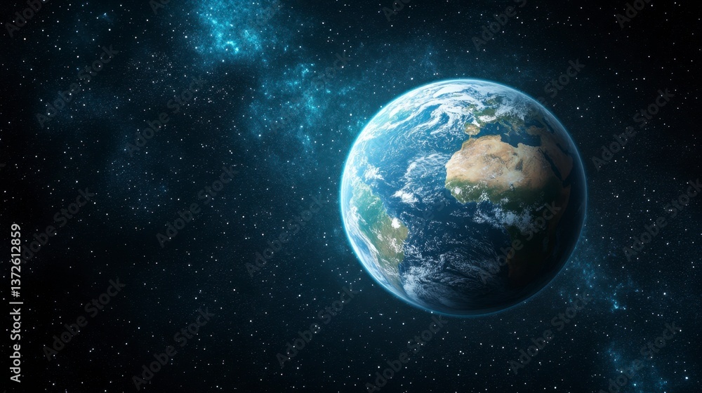 Obraz premium Detailed view of planet Earth from space, showcasing continents, oceans, and a starry backdrop with a prominent Milky Way galaxy. The image features realistic textures and lighting.