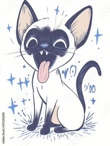 Whimsical Blue Siamese Cat Cartoon with Tongue Out
