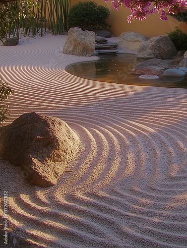 Tranquil Zen Garden with Rippling Sand Patterns at Sunset