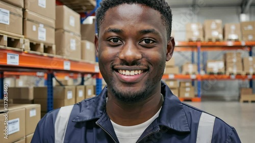 African American employee of logistics center in uniform showing thumb up. Organized warehouse environment reflects efficient inventory management and ensuring smooth supply chain.
