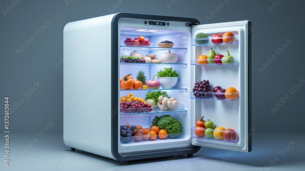 Fresh and Colorful Fruits and Vegetables in Open Refrigerator Fresh and Colorful Fruits and Vegetables in Open Refrigerator