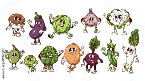 Groovy vegetable cartoon characters set. Funny retro Brussels sprout and cabbage, green pea and mushroom, potato. Food mascot, cartoon cute vegetable stickers of 70s 80s style vector illustration