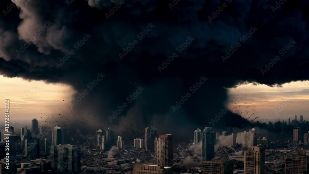 Nuclear mushroom cloud rising over urban skyline, devastating city ...