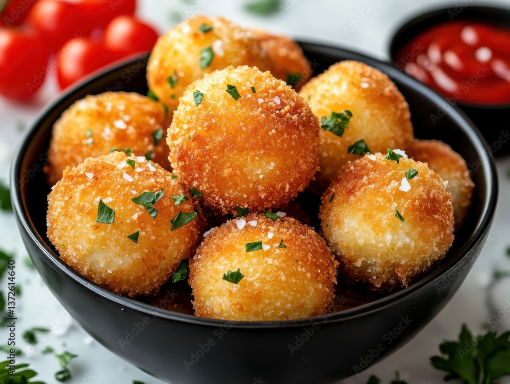 Golden Fried Arancini Balls in Black Bowl with Tomato Sauce and Fresh Parsley Garnish Close Up Golden Fried Arancini Balls in Black Bowl with Tomato Sauce and Fresh Parsley Garnish Close Up