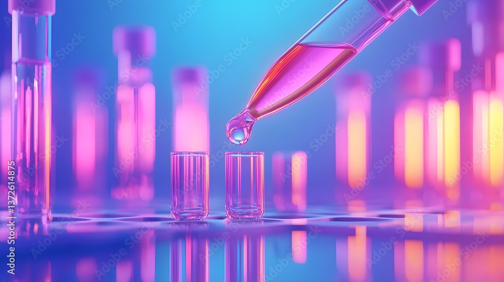 Clinical Research Setup with Pipette Delivering Liquid into Test Tubes on Vibrant Blue Background Clinical Research Setup with Pipette Delivering Liquid into Test Tubes on Vibrant Blue Background