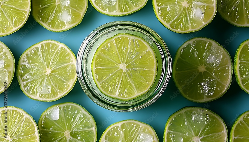 Fototapeta premium Lime slices, glass, teal background