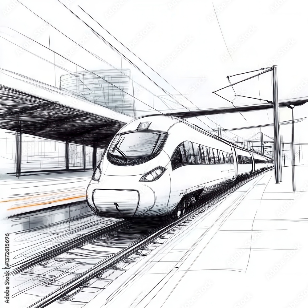 Fototapeta premium Sketch of a high speed train at a modern railway station, depicted in grayscale with subtle shading and linework. The train is sleek and futuristic, appearing to arrive or depart from the platform.