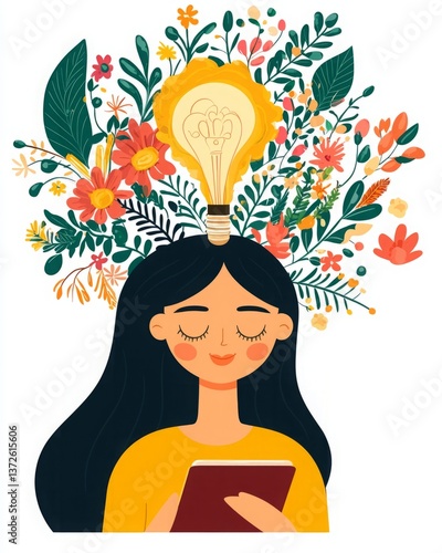 Phygital experience innovation engagement. A serene illustration of a woman reading, with vibrant flowers and a light bulb above her head, symbolizing creativity and inspiration.