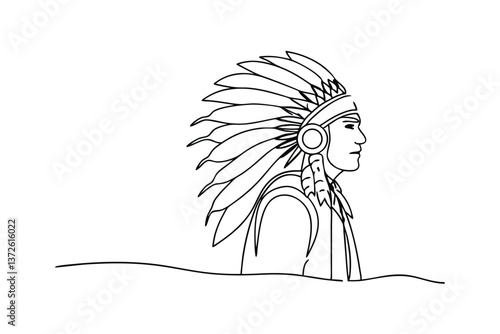 Native American Headdress, Line Art, Single Line Drawing, Profile, Indigenous, Culture, Heritage, Tr