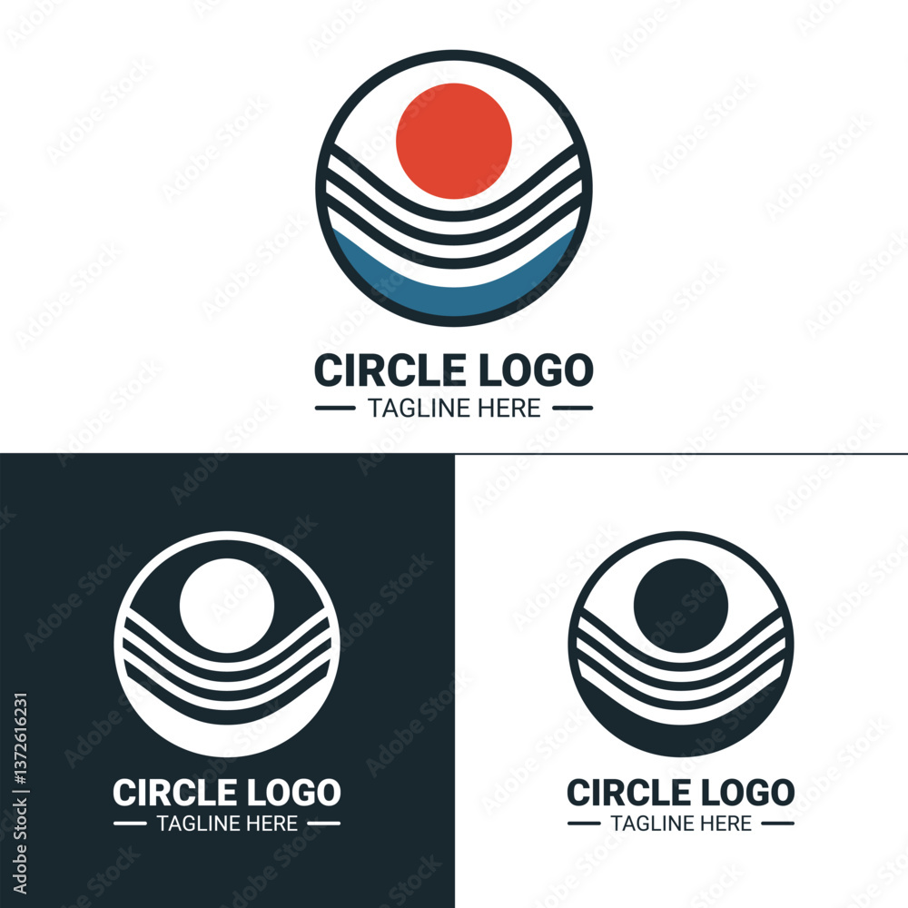 Fototapeta premium Abstract circular logo with a gradient sun and horizontal lines, possibly representing a stylized sunrise or sunset over water. Suggests warmth, transition, or natural cycles. Shown in color and monoc