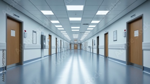 Wallpaper Mural Long hospital corridor with bright lighting, light grey floor, and wood trimmed doors on either side. Sterile and clean atmosphere. Torontodigital.ca