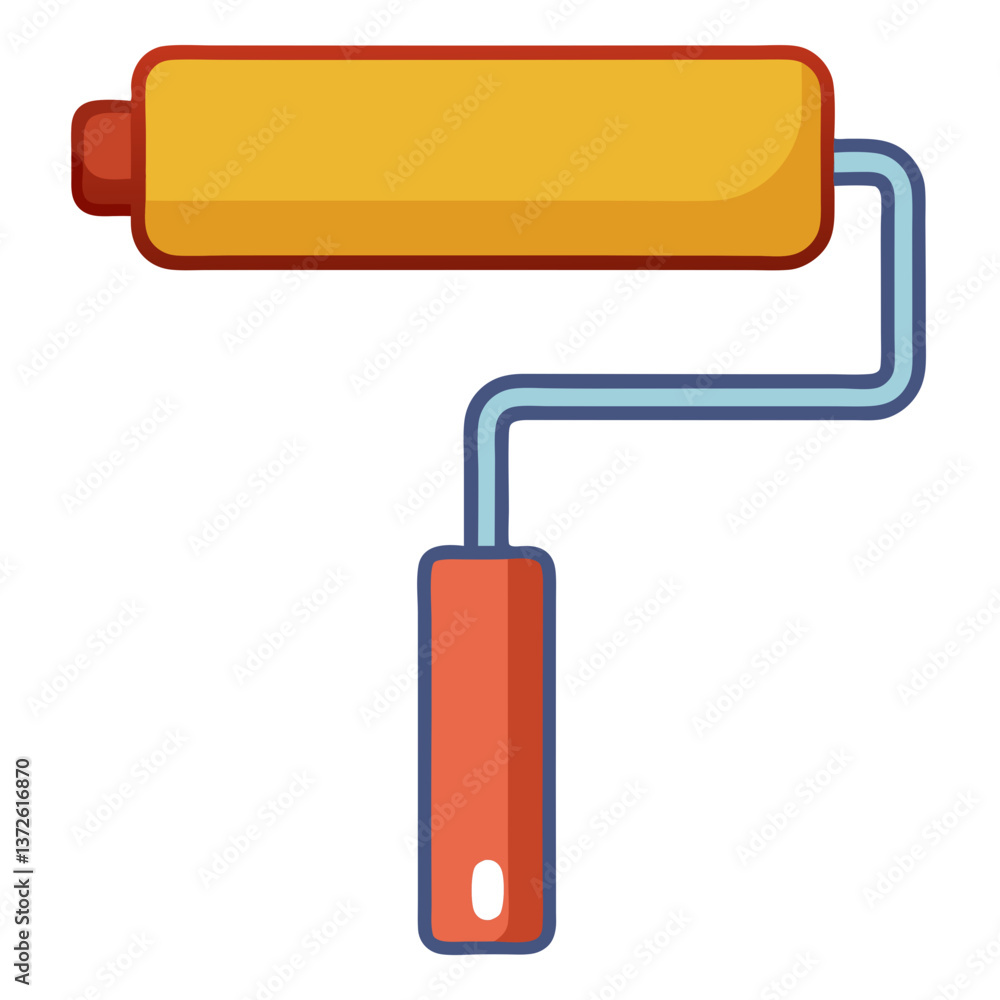 a paint roller tool. It features an orange roller handle with a yellow paint roller at the top, connected by a blue curved metal frame. a paint roller tool. It features an orange roller handle with a yellow paint roller at the top, connected by a blue curved metal frame.