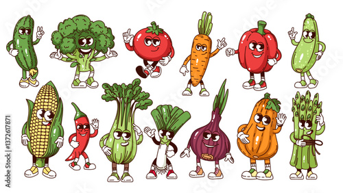 Groovy vegetable cartoon characters set. Funny retro red tomato and chili pepper, pumpkin and onion, asparagus bunch. Food mascot, cartoon cute vegetable stickers of 70s 80s style vector illustration