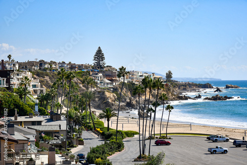 View along coastline at Corona Del Mar State Beach Park in New Port Beach, Orange County, California. 
