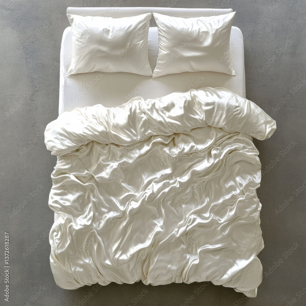 Obraz premium Aerial view of a neatly made white bed with soft sheets and pillows creating a serene and inviting atmosphere