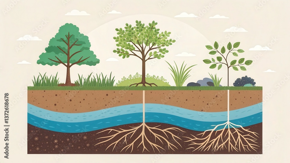 Obraz premium Environmental awareness day concept. Illustration of trees with roots and water, showcasing nature's ecosystem.