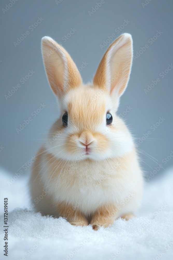 Obraz premium Adorable bunny portrait on snow covered ground with soft light and pastel background for easter and spring season